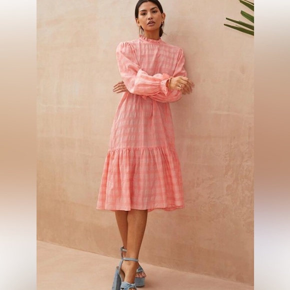 Never fully dressed gingham long sleeve coral midi dress 4 - Picture 5 of 14